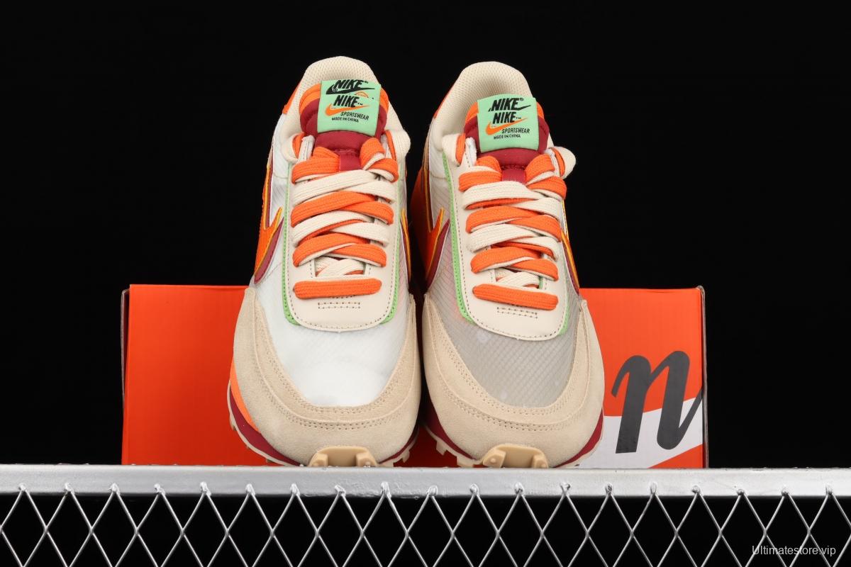 CLOT x Sacai x NIKE LDWaffle Net Orange Blaze joint overlapping design avant-garde waffle deformation rice orange color match casual jogging shoes DH1347-100