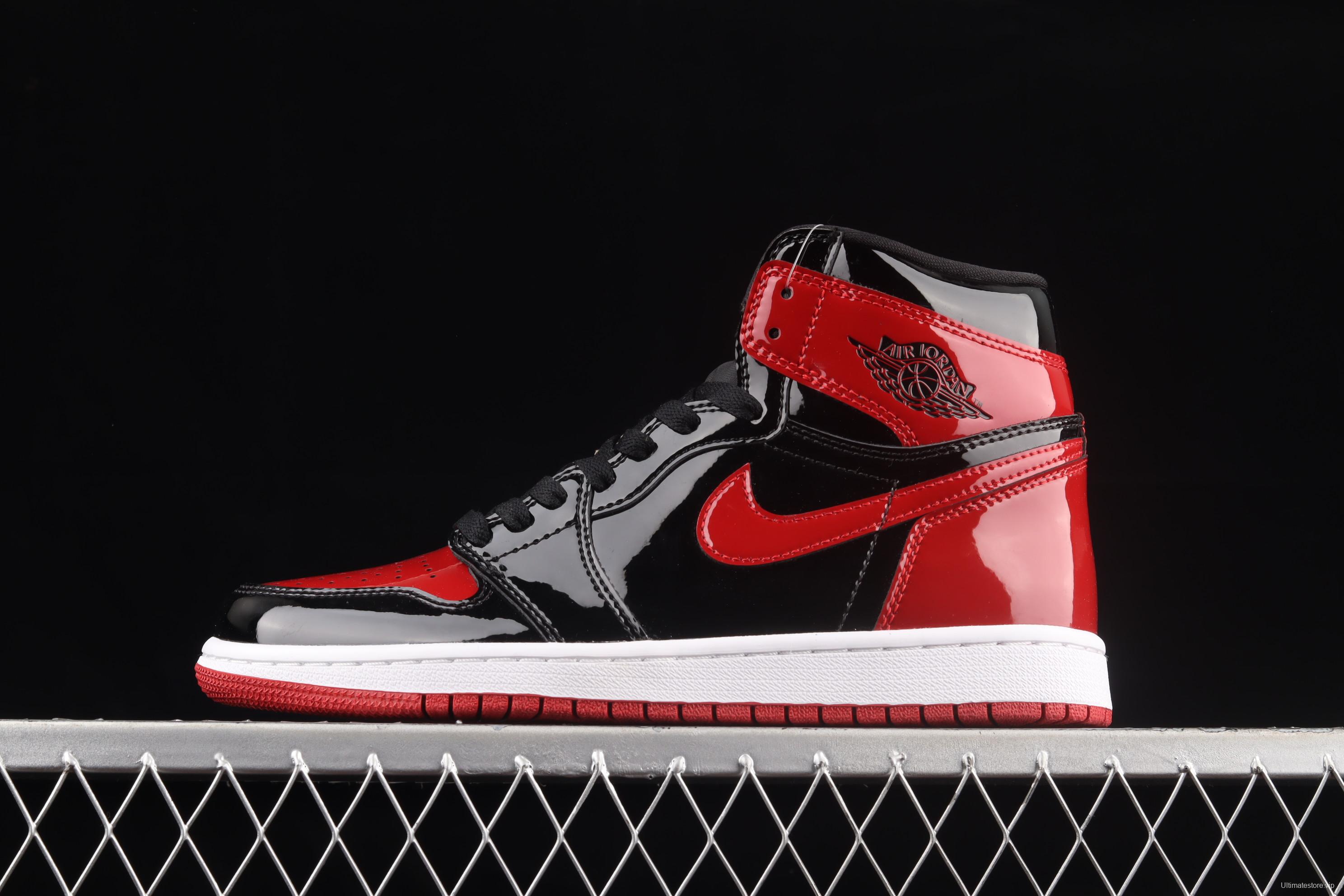 Air Jordan 1 High OG Bred Patent lacquered leather black and red high top basketball shoes 555088-063