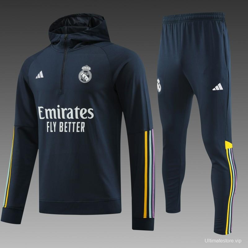 23/24 Real Madrid Navy Hoodie Half Zipper Jacket+ Pants