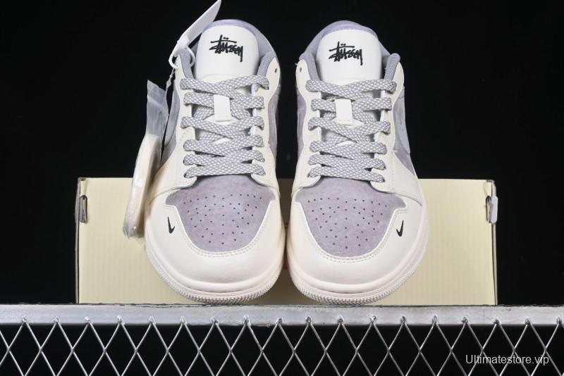 Nike Air Jordan 1 Low Stussy Collaboration - Retro Basketball Shoes in Light Grey - SJ9950-044