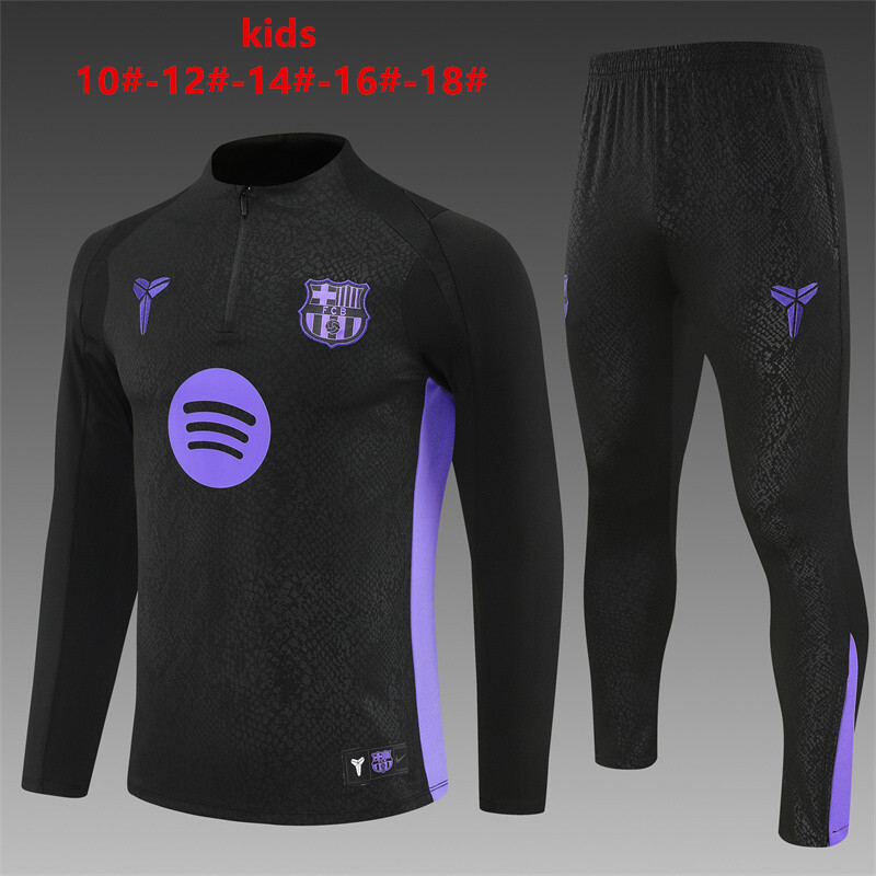 25/26 Kids Barcelona Black Joint Edition Half Zipper Jacket+Long Pants