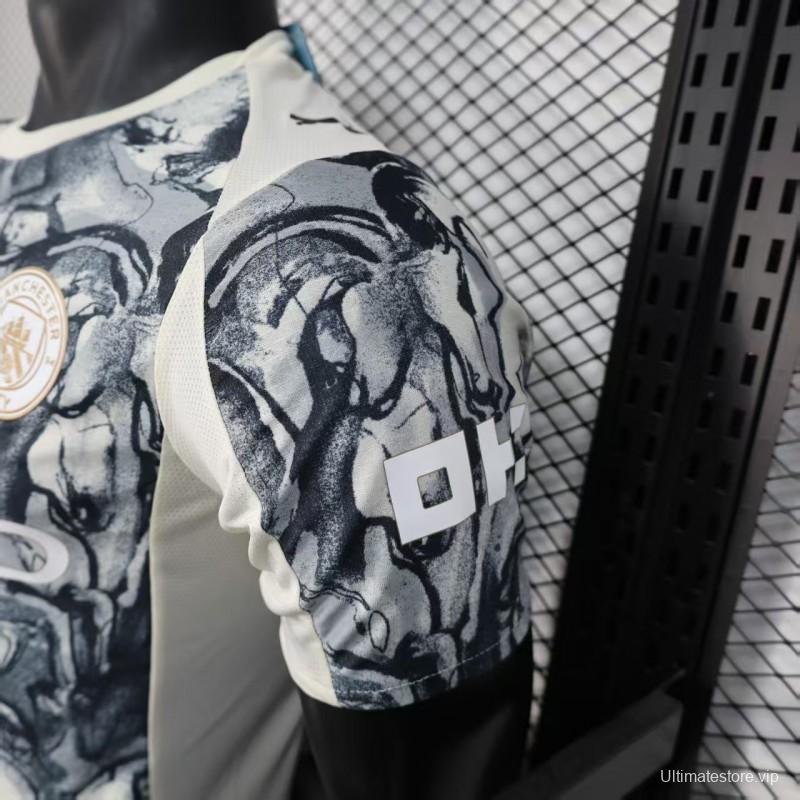 25/26 Player Version Manchester City White with Black Marble Abstract Art Pattern Jersey