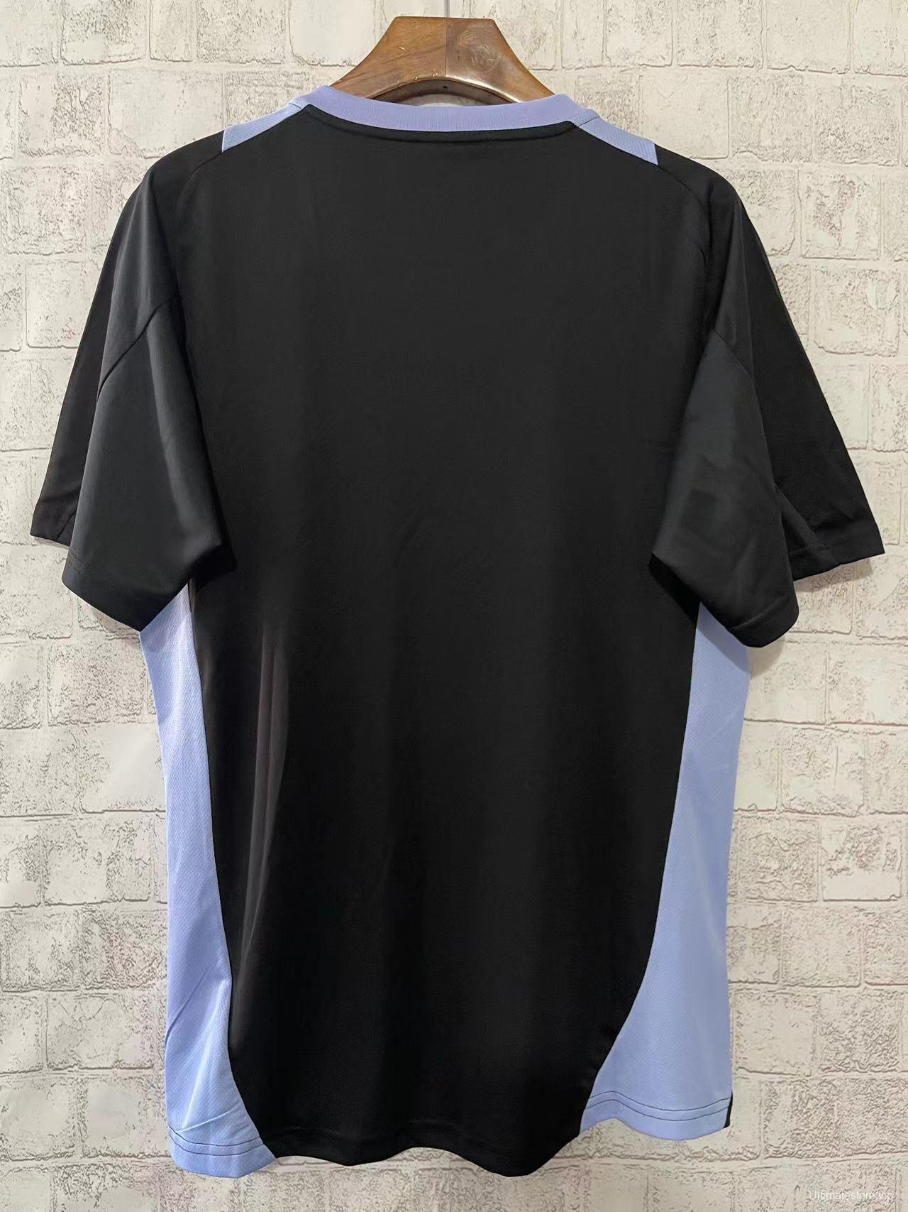 2024 New Zealand All Blacks Black with Light Blue Side Panels and Three Stripes Jersey