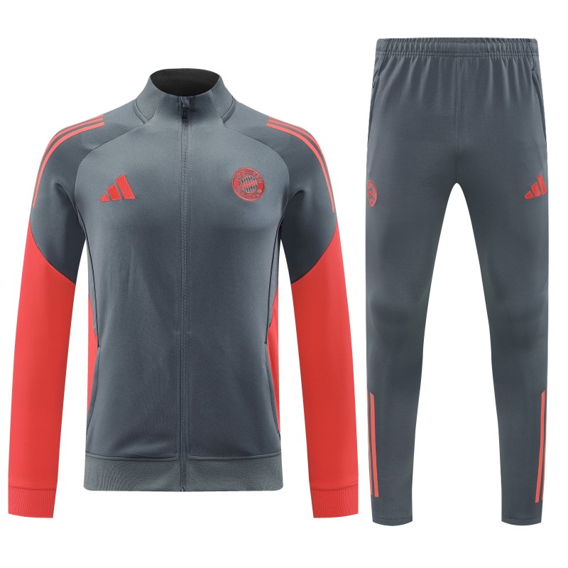 25/26 Bayern Munich Grey with Red Sleeves Half Zipper Jacket Tracksuit +Long Pants