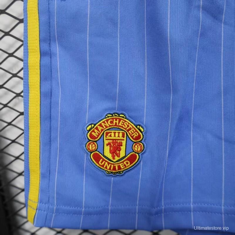 Retro Player Version  1990/91 Manchester United Third Sky Blue with Pinstripe Pattern Shorts