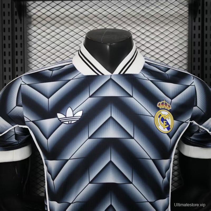 Retro Player Version  1988/89 Real Madrid Third Navy Blue with 3D Geometric Chevron Pattern Jersey