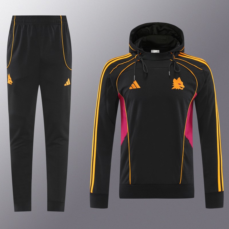 26/27 Roma Black Full Zipper Hooded Jacket Tracksuit + Long Pants