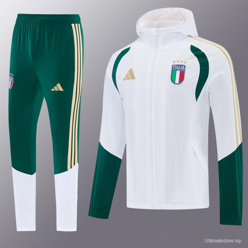 2026 Italy White Hoodie Full Zipper Windbreaker + Long Pants