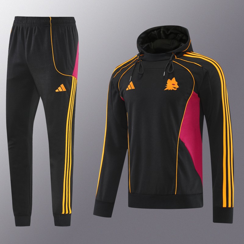 26/27 Roma Black Full Zipper Hooded Jacket Tracksuit + Long Pants