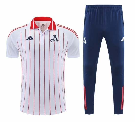 26/27 Arsenal  White&Red Stripes  Polo Training Shirt + Long Pants Tracksuit