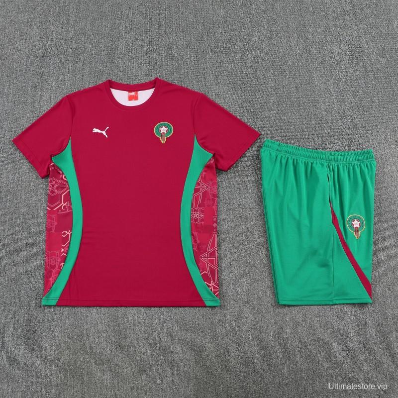 26/27 Morocco Red Short Sleeve+Green Soccer Shorts