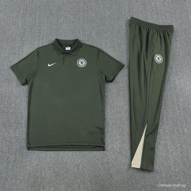 26/27 Chelsea  Dark Green Polo Training Shirt + Long Pants Tracksuit