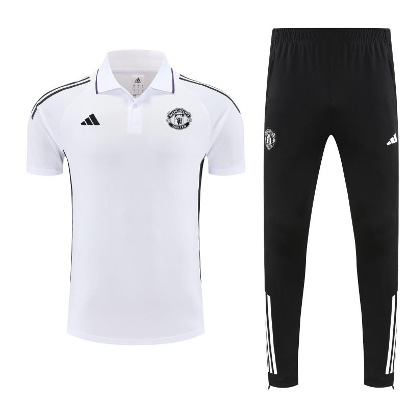 26/27  Manchester United White Polo Training Shirt + Long Pants Tracksuit