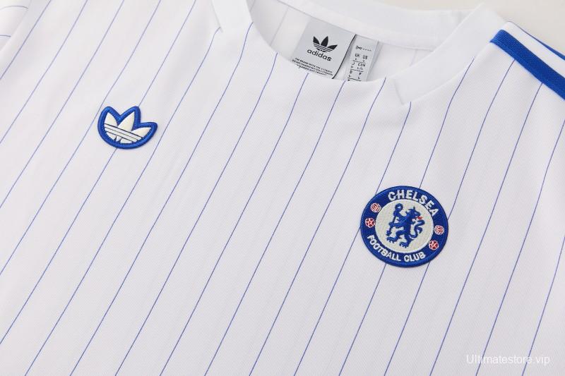 26/27 Chelsea FC White Stripes Short Sleeve+Blue Soccer Shorts