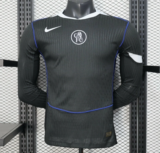 25/26 Player Version  Chelsea Away Dark Gray with Vertical Stripe Texture and Blue Piping Jersey