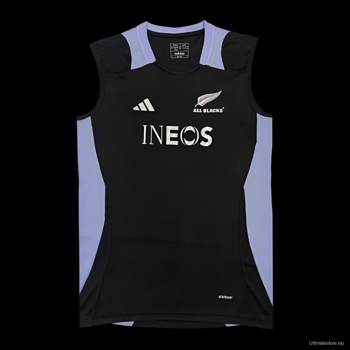 2024 New Zealand All Blacks Black with Light Blue Side Panels Sleeveless Jersey