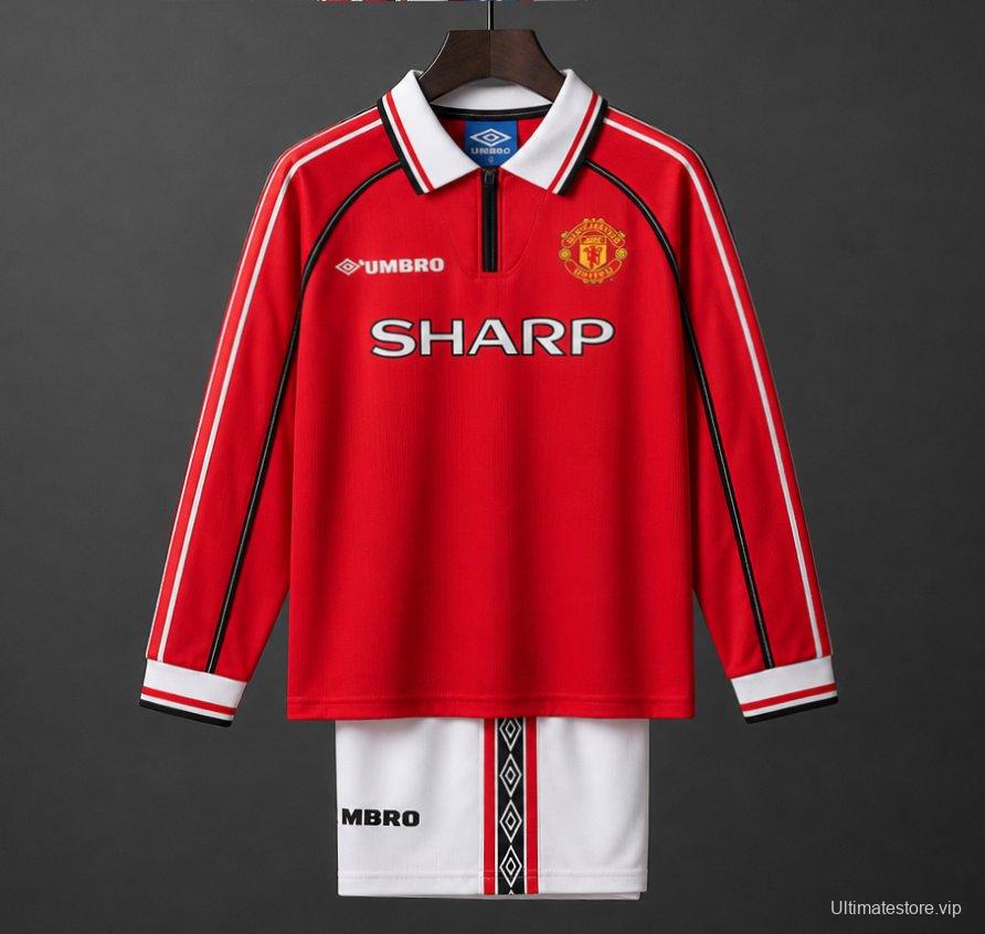 Retro Kids 98/99 Manchester United Red Home Long Sleeve Jersey